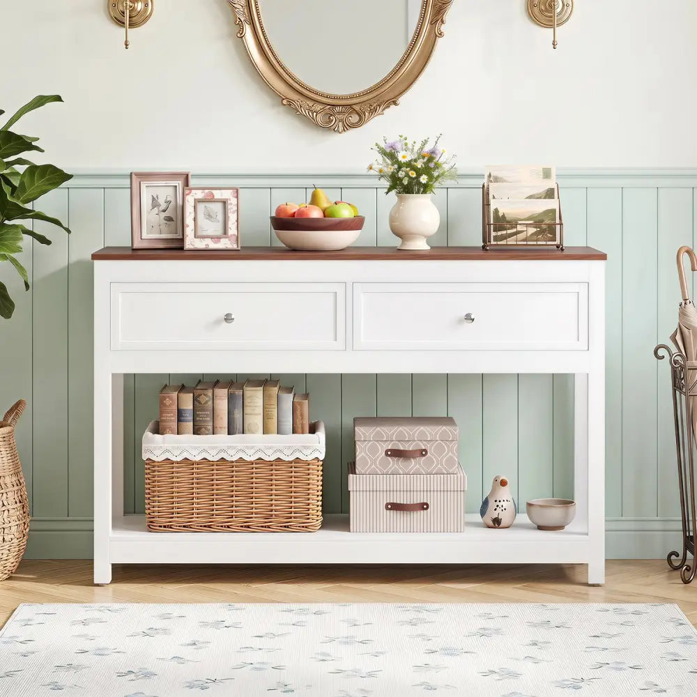 Farmhouse Console Table with 2 Drawers & Open Storage Shelf-White - White - Console Tables
