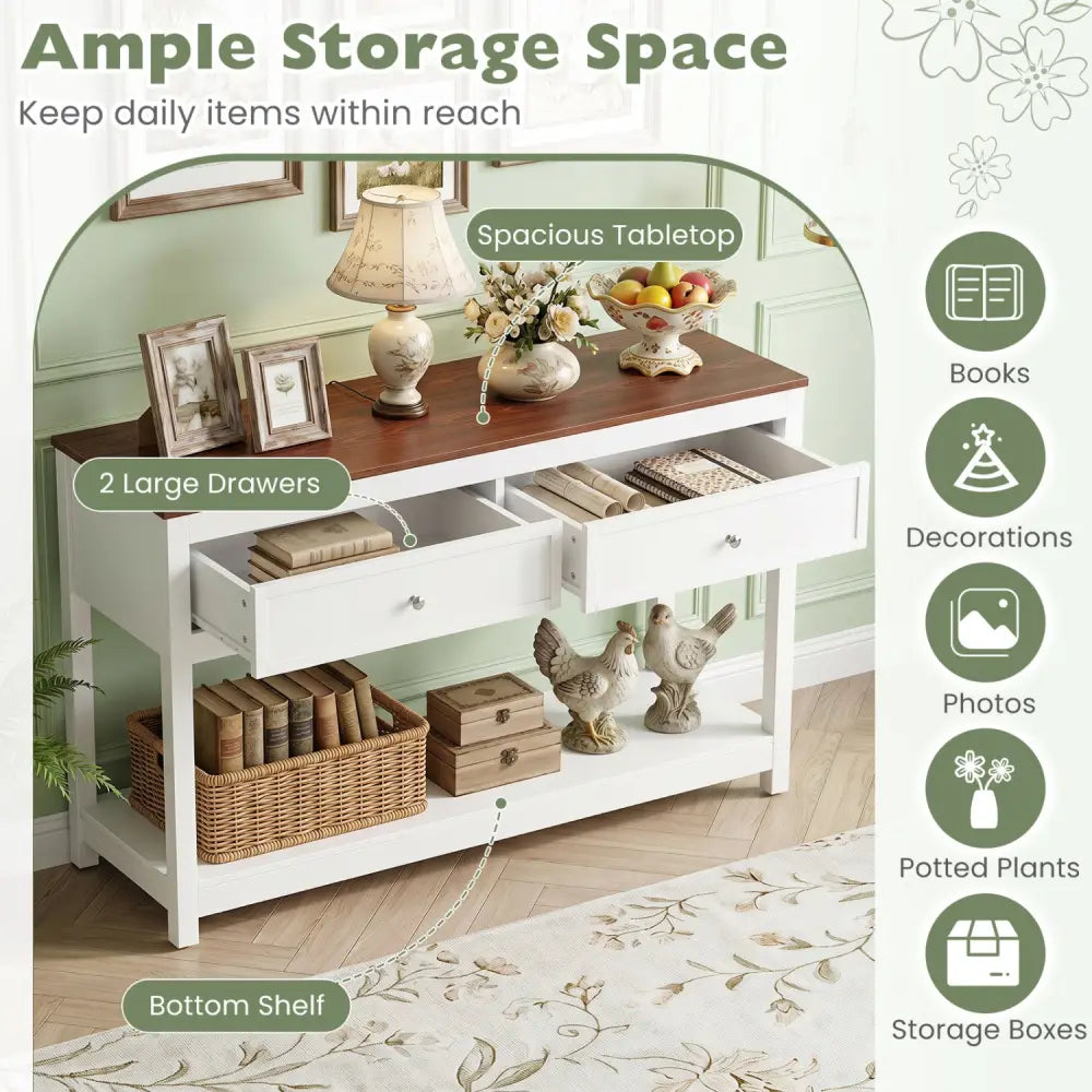 Farmhouse Console Table with 2 Drawers & Open Storage Shelf-White - White - Console Tables