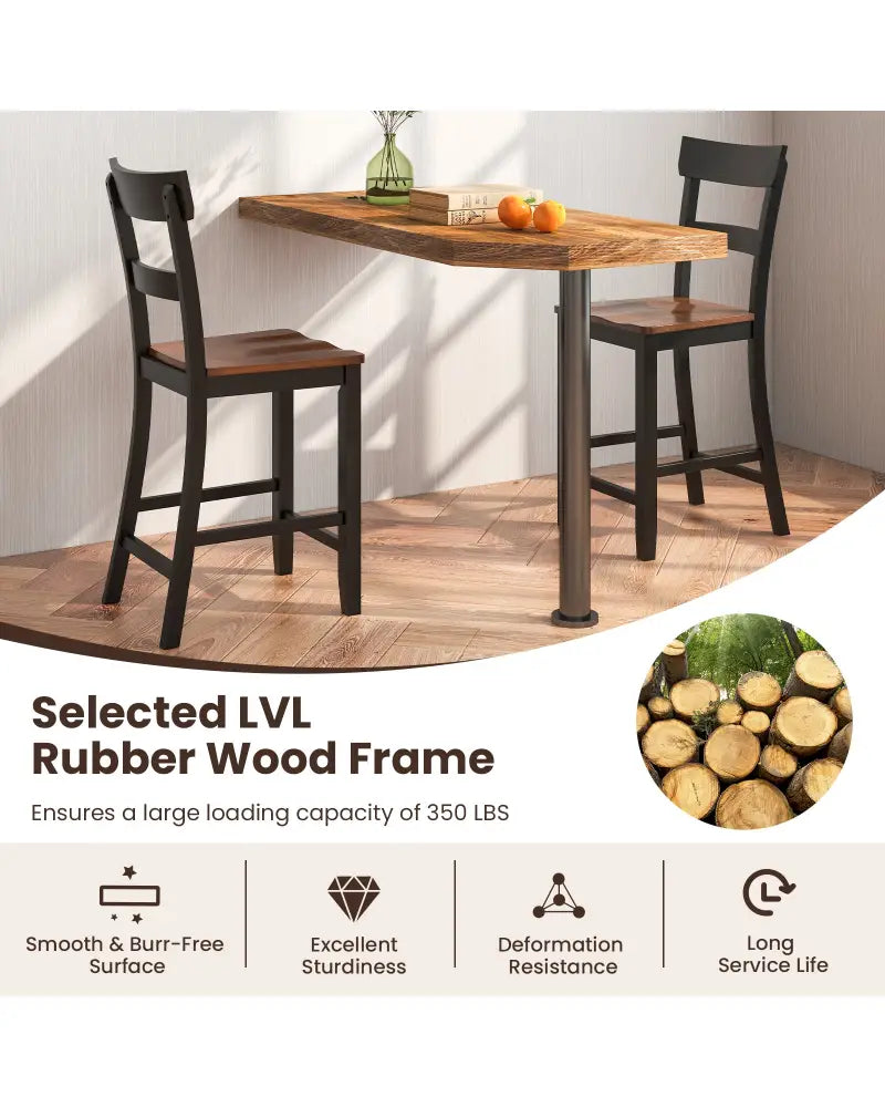 Farmhouse Dining Bar Stool Set of 2 with Solid Rubber Wood Frame-Black - Black - Dining Chairs