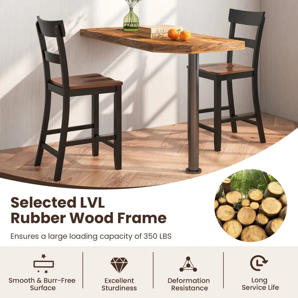 Farmhouse Dining Bar Stool Set of 2 with Solid Rubber Wood Frame-Black - Black - Dining Chairs
