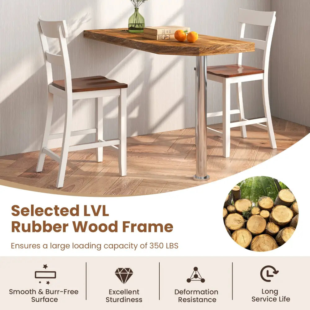 Farmhouse Dining Bar Stool Set of 2 with Solid Rubber Wood Frame-White - White - Dining Chairs