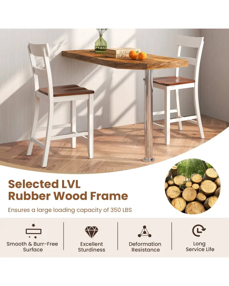 Farmhouse Dining Bar Stool Set of 2 with Solid Rubber Wood Frame-White - White - Dining Chairs