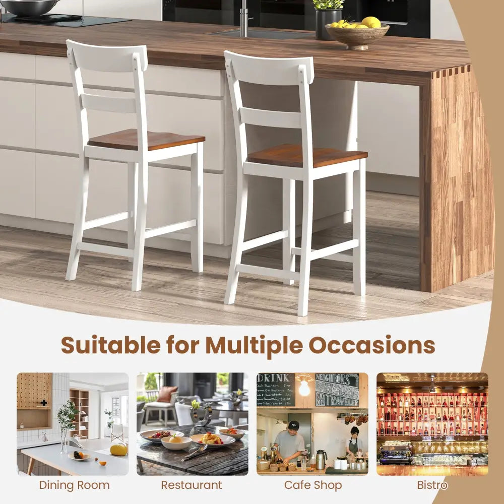 Farmhouse Dining Bar Stool Set of 2 with Solid Rubber Wood Frame-White - White - Dining Chairs