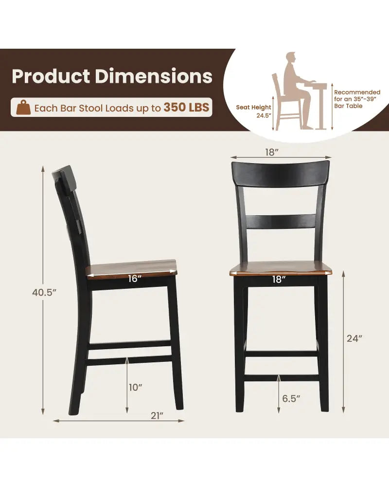 Farmhouse Dining Bar Stool Set of 2 with Solid Rubber Wood Frame-Black - Black - Dining Chairs