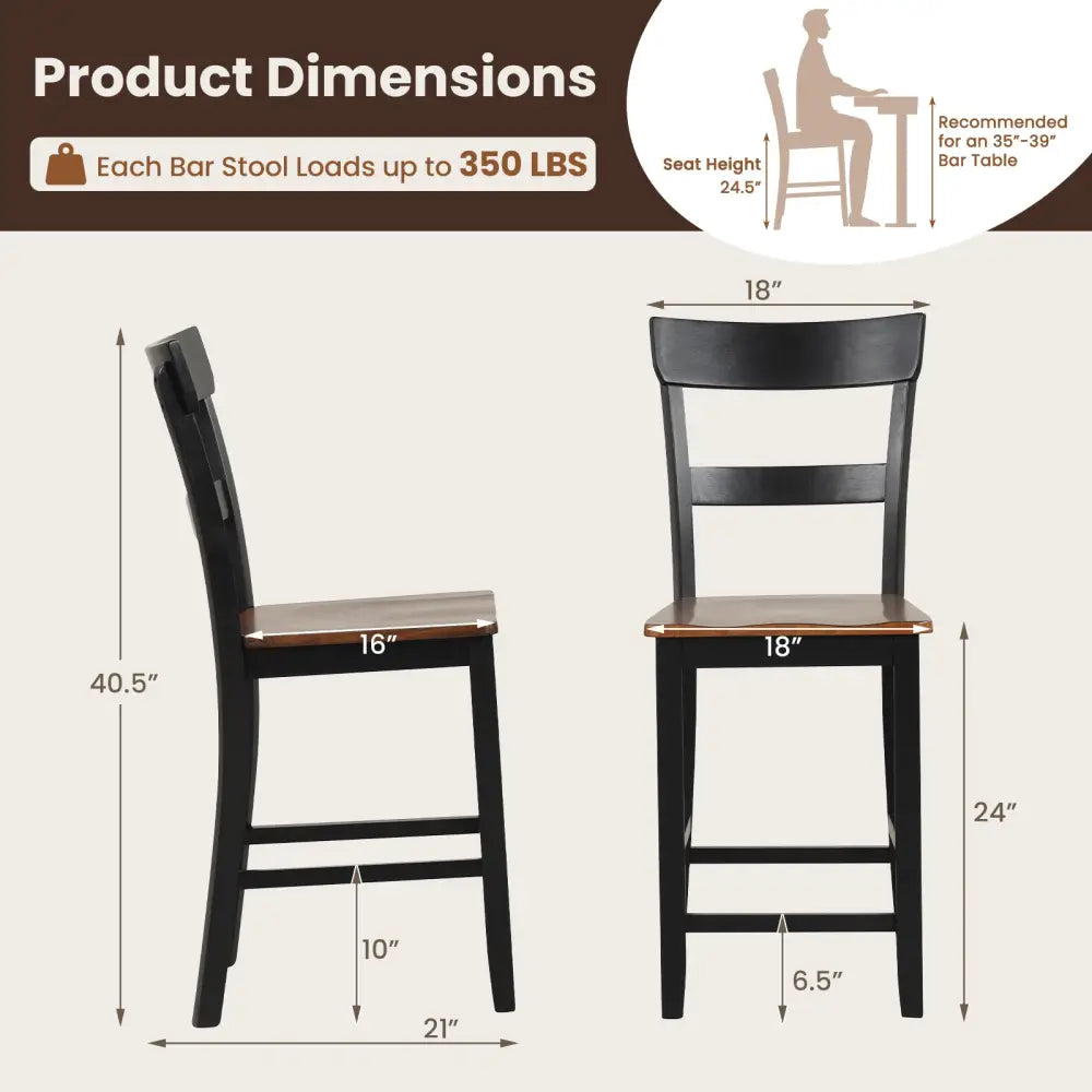 Farmhouse Dining Bar Stool Set of 2 with Solid Rubber Wood Frame-Black - Black - Dining Chairs