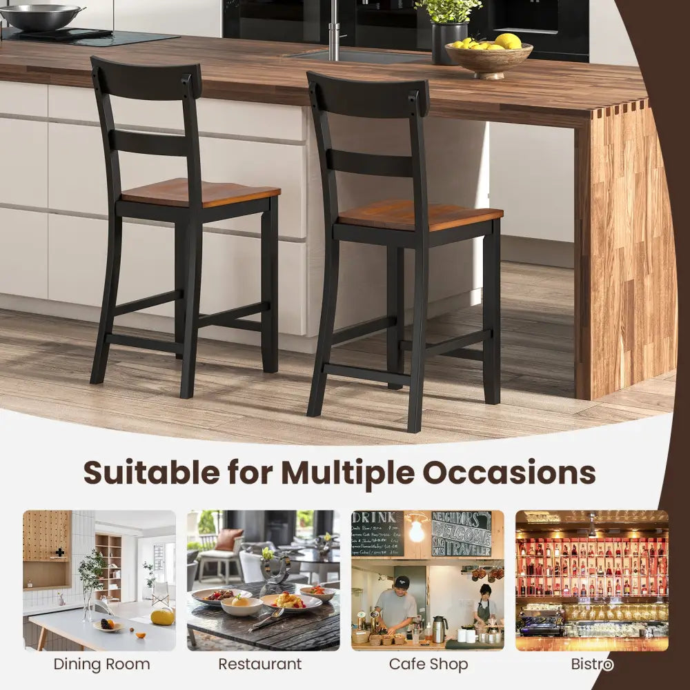 Farmhouse Dining Bar Stool Set of 2 with Solid Rubber Wood Frame-Black - Black - Dining Chairs