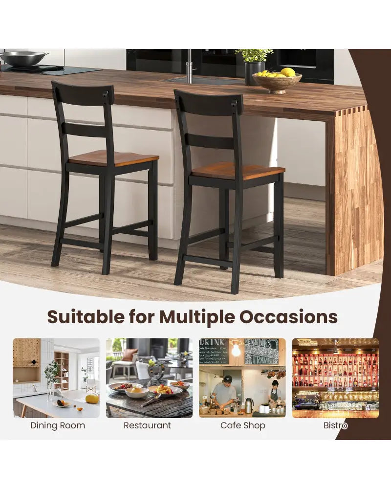 Farmhouse Dining Bar Stool Set of 2 with Solid Rubber Wood Frame-Black - Black - Dining Chairs