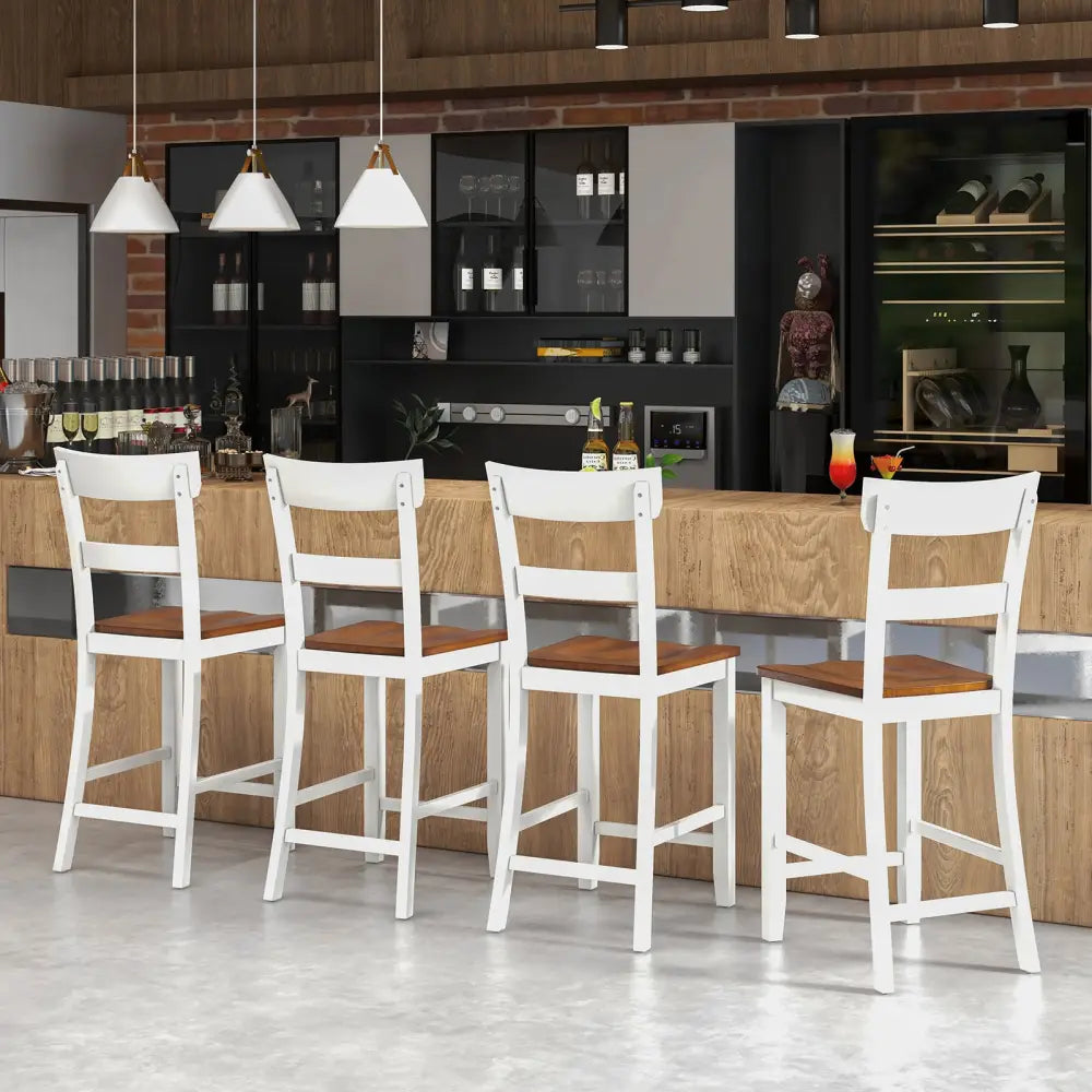 Farmhouse Dining Bar Stool Set of 2 with Solid Rubber Wood Frame-White - White - Dining Chairs
