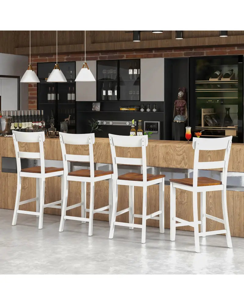 Farmhouse Dining Bar Stool Set of 2 with Solid Rubber Wood Frame-White - White - Dining Chairs
