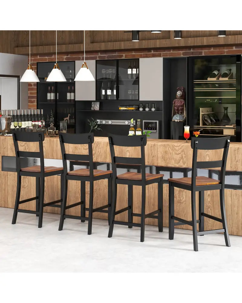 Farmhouse Dining Bar Stool Set of 2 with Solid Rubber Wood Frame-Black - Black - Dining Chairs