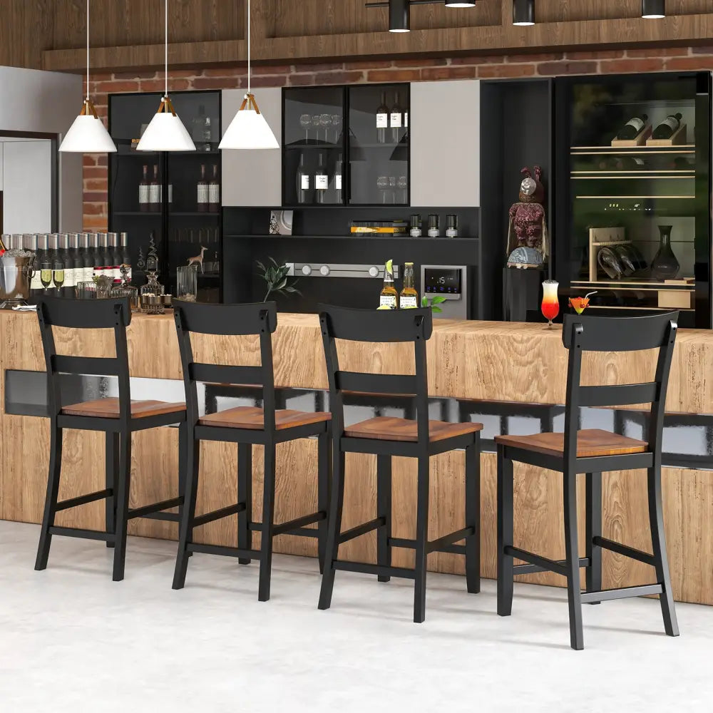 Farmhouse Dining Bar Stool Set of 2 with Solid Rubber Wood Frame-Black - Black - Dining Chairs