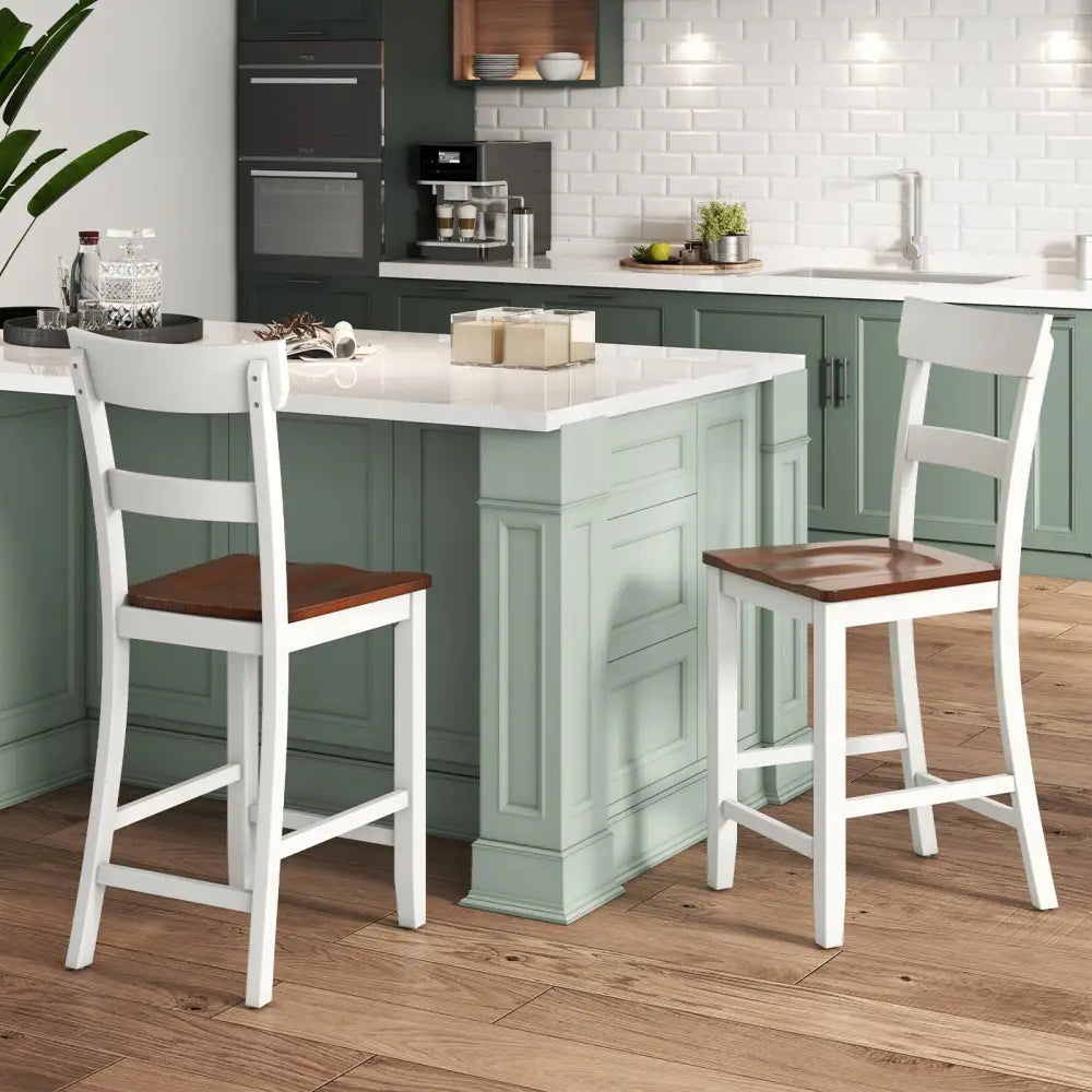 Farmhouse Dining Bar Stool Set of 2 with Solid Rubber Wood Frame-White - White - Dining Chairs