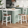 Farmhouse Dining Bar Stool Set of 2 with Solid Rubber Wood Frame-White - White - Dining Chairs
