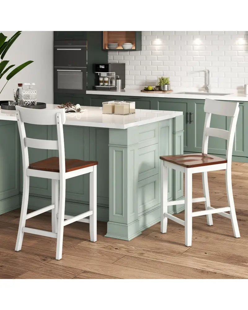 Farmhouse Dining Bar Stool Set of 2 with Solid Rubber Wood Frame-White - White - Dining Chairs