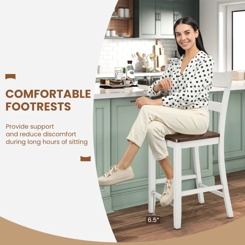 Farmhouse Dining Bar Stool Set of 2 with Solid Rubber Wood Frame-White - White - Dining Chairs