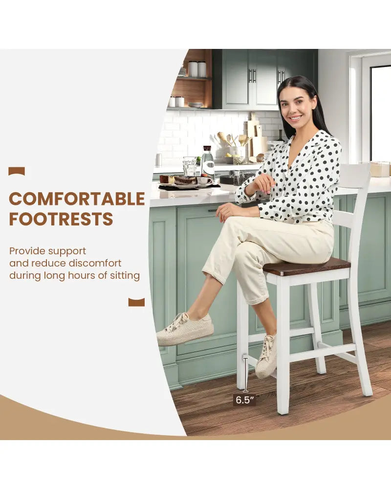 Farmhouse Dining Bar Stool Set of 2 with Solid Rubber Wood Frame-White - White - Dining Chairs
