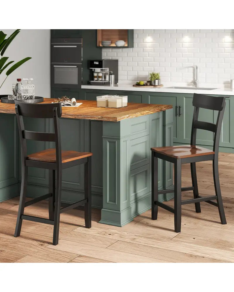 Farmhouse Dining Bar Stool Set of 2 with Solid Rubber Wood Frame-Black - Black - Dining Chairs