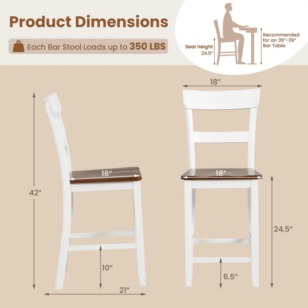 Farmhouse Dining Bar Stool Set of 2 with Solid Rubber Wood Frame-White - White - Dining Chairs