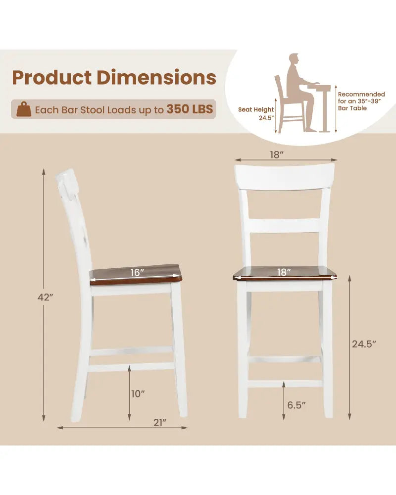 Farmhouse Dining Bar Stool Set of 2 with Solid Rubber Wood Frame-White - White - Dining Chairs