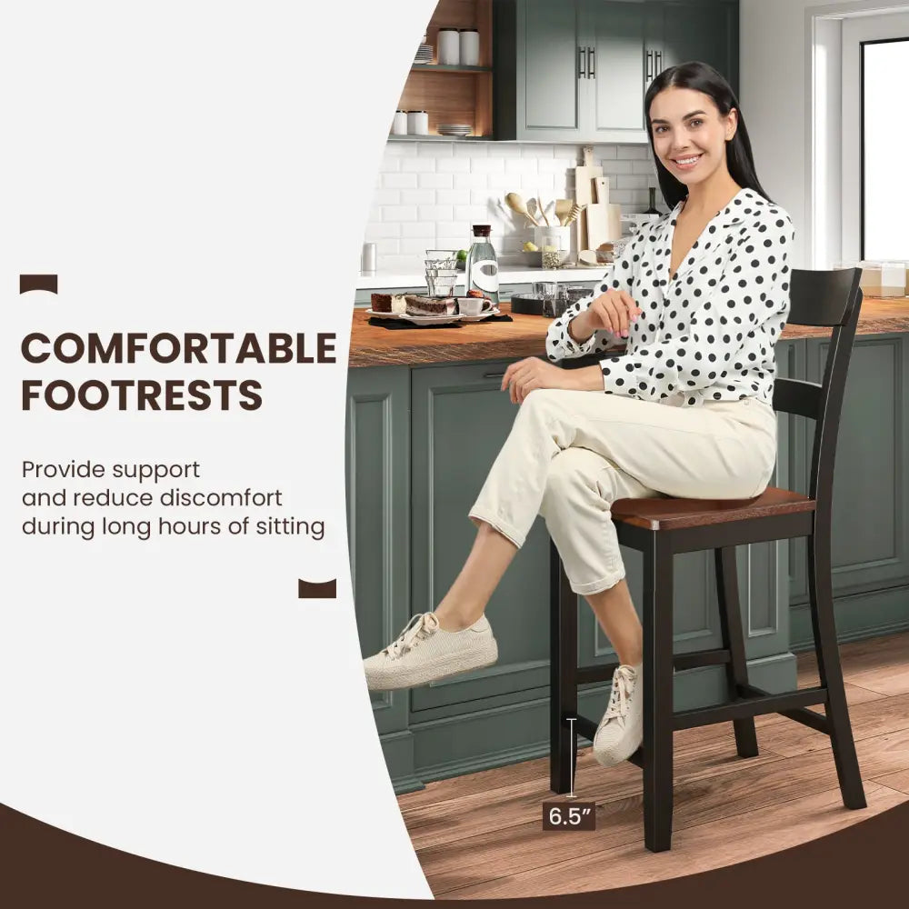 Farmhouse Dining Bar Stool Set of 2 with Solid Rubber Wood Frame-Black - Black - Dining Chairs