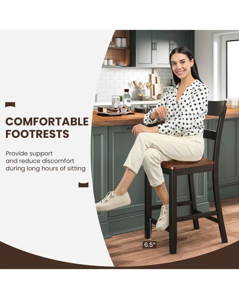 Farmhouse Dining Bar Stool Set of 2 with Solid Rubber Wood Frame-Black - Black - Dining Chairs