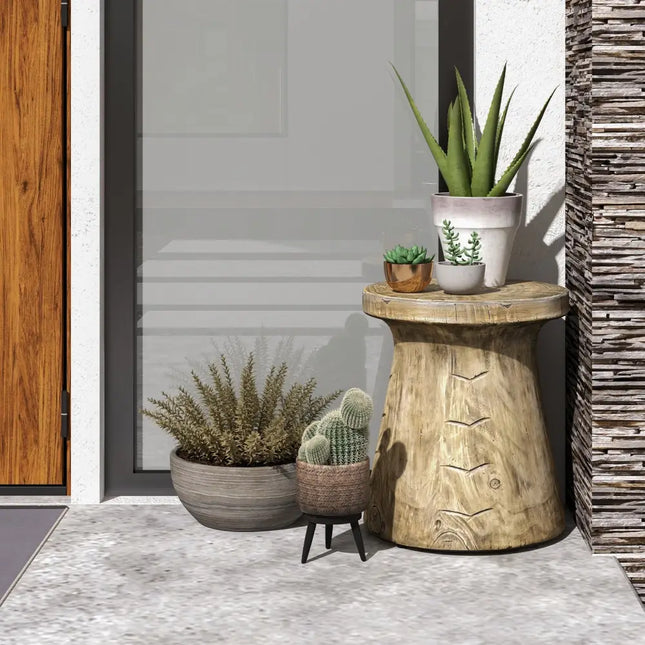 Farmhouse Hourglass-shaped Outdoor Side Table with Wood Grain - Natural - Patio Coffee Tables