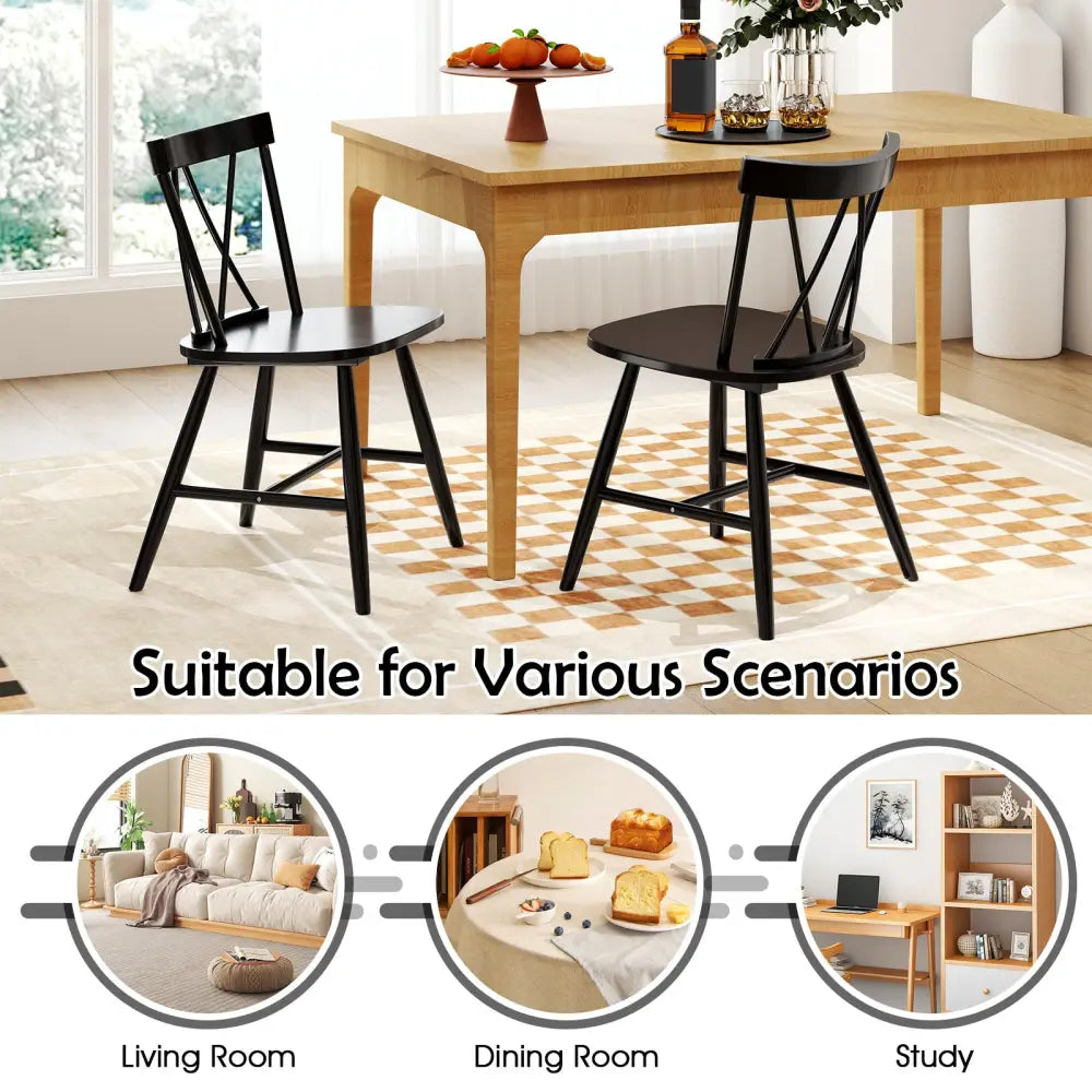 Farmhouse Kitchen Dining Chair Set of 2 with Rubber Wood Frame-Black - Black - Dining Chairs