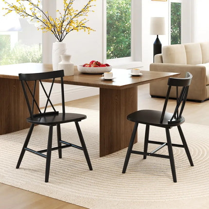 Farmhouse Kitchen Dining Chair Set of 2 with Rubber Wood Frame-Black - Black - Dining Chairs