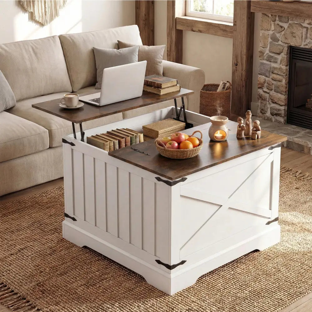 Farmhouse Lift Top Coffee Table with Hidden Storage Compartment-Rustic Brown - Rustic Brown - Coffee Tables