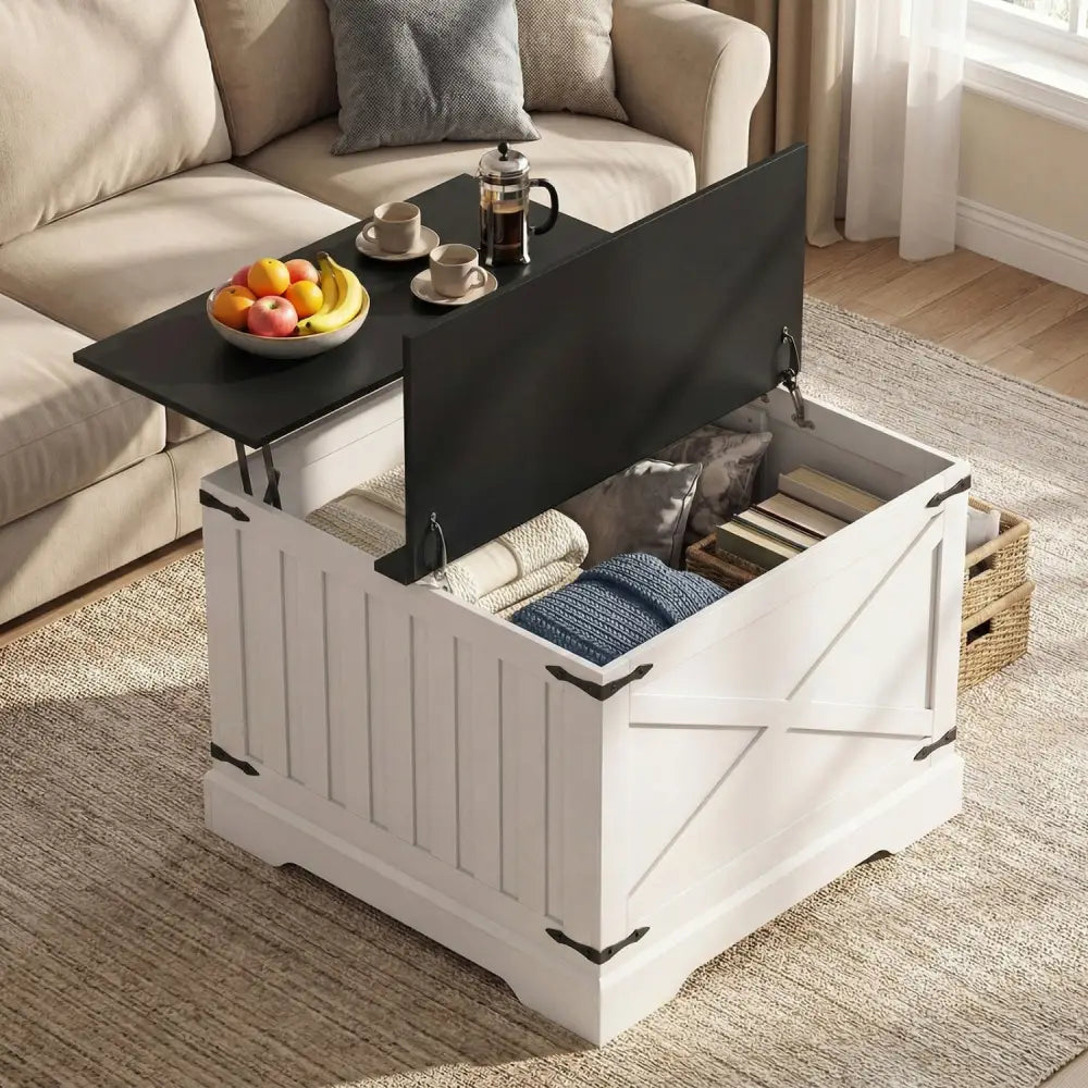 Farmhouse Lift Top Coffee Table with Hidden Storage Compartment-Black - Black - Coffee Tables