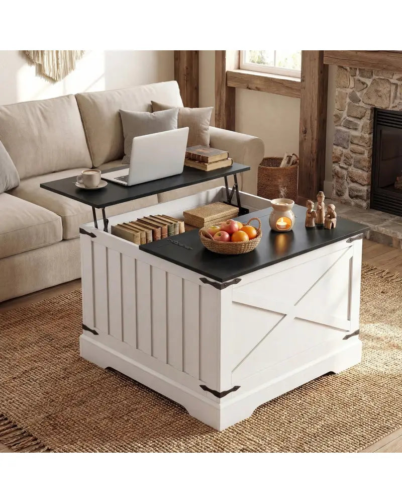 Farmhouse Lift Top Coffee Table with Hidden Storage Compartment-Black - Black - Coffee Tables