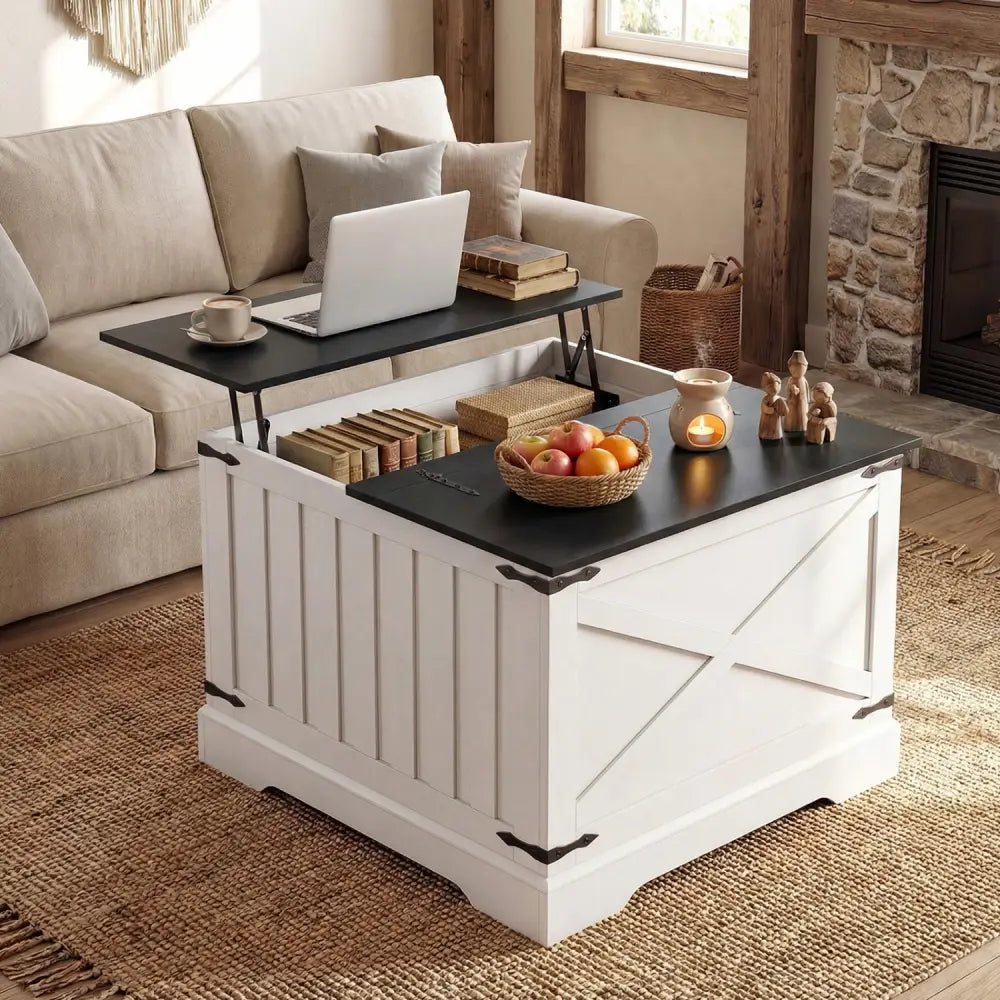 Farmhouse Lift Top Coffee Table with Hidden Storage Compartment-Black - Black - Coffee Tables