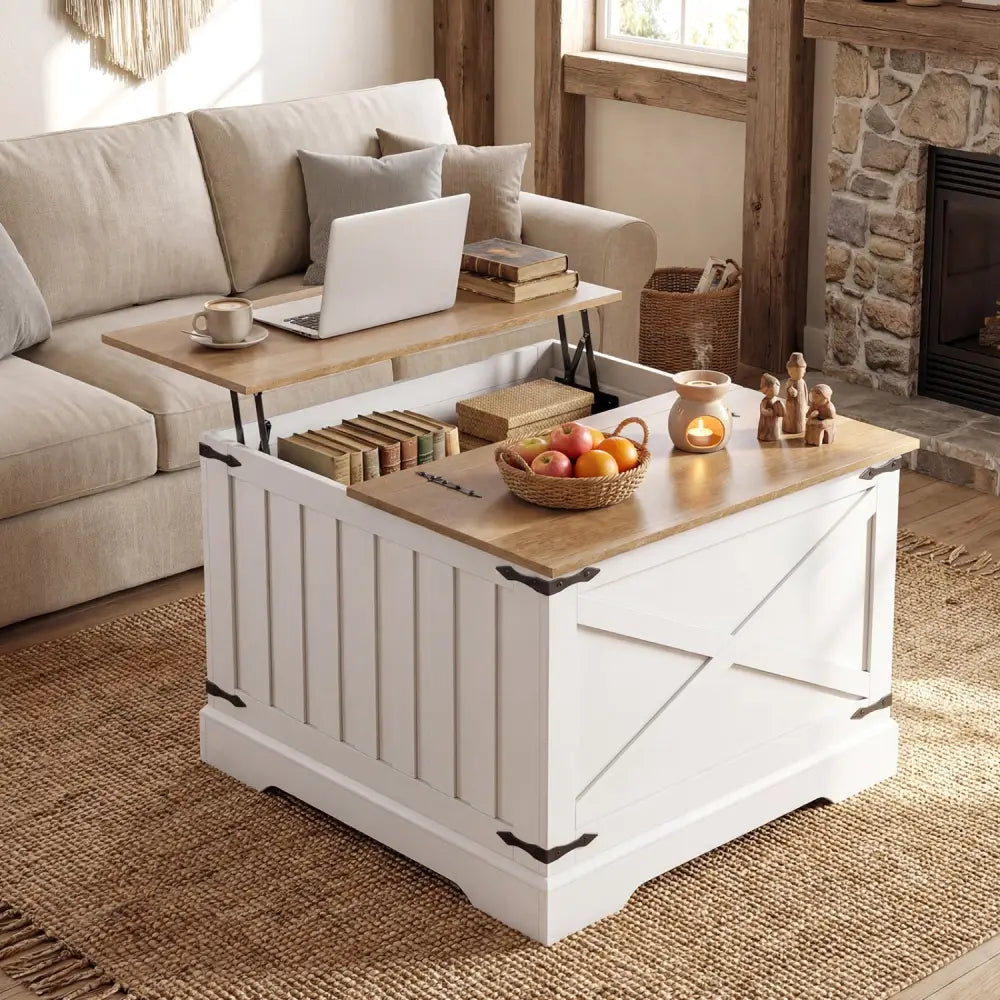 Farmhouse Lift Top Coffee Table with Hidden Storage Compartment-Brown - Brown - Coffee Tables