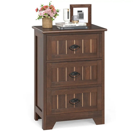 Farmhouse Nightstand with 3 Storage Drawers and Handles-Walnut - Walnut - Nightstands