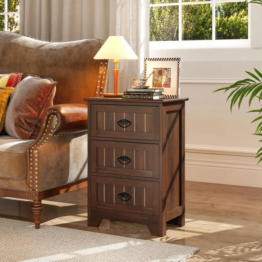 Farmhouse Nightstand with 3 Storage Drawers and Handles-Walnut - Walnut - Nightstands