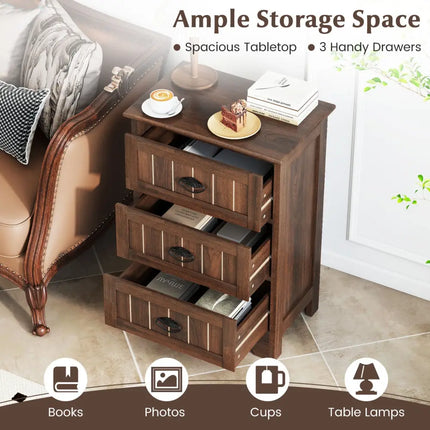 Farmhouse Nightstand with 3 Storage Drawers and Handles-Walnut - Walnut - Nightstands