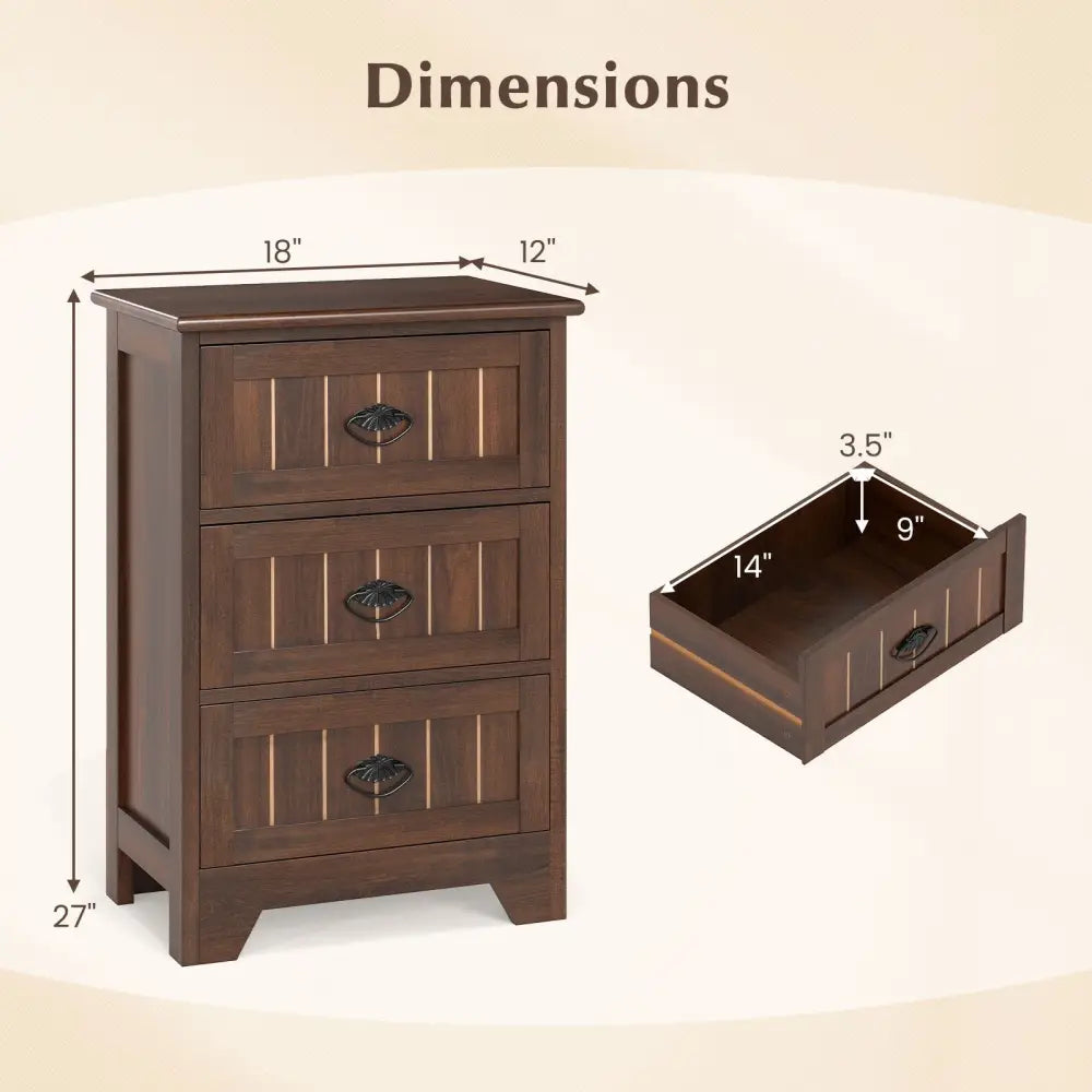 Farmhouse Nightstand with 3 Storage Drawers and Handles-Walnut - Walnut - Nightstands