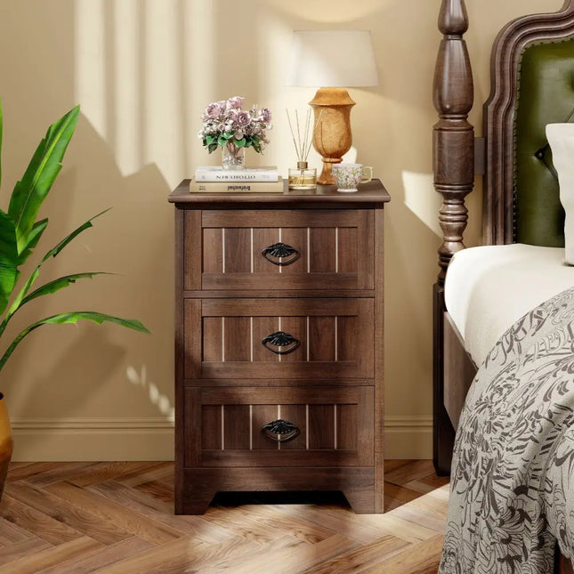 Farmhouse Nightstand with 3 Storage Drawers and Handles-Walnut - Walnut - Nightstands