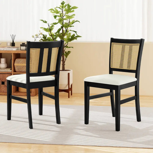 Farmhouse Rattan Dining Chair Set of 2 with Rubber Wood Legs and Cane Back-Beige - Beige - Dining Chairs