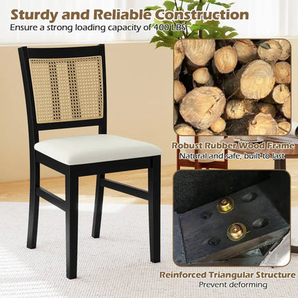 Farmhouse Rattan Dining Chair Set of 2 with Rubber Wood Legs and Cane Back-Beige - Beige - Dining Chairs