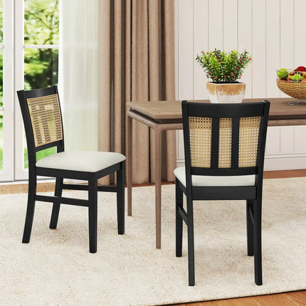 Farmhouse Rattan Dining Chair Set of 2 with Rubber Wood Legs and Cane Back-Beige - Beige - Dining Chairs