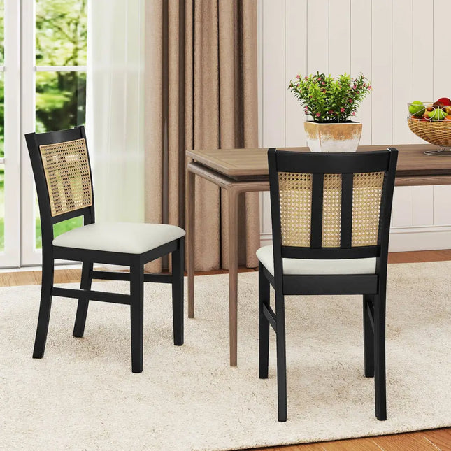 Farmhouse Rattan Dining Chair Set of 2 with Rubber Wood Legs and Cane Back-Beige - Beige - Dining Chairs