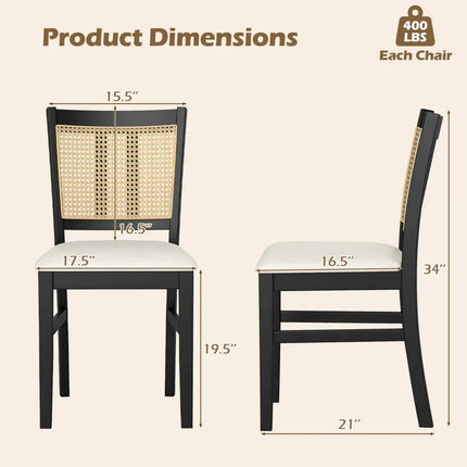 Farmhouse Rattan Dining Chair Set of 2 with Rubber Wood Legs and Cane Back-Beige - Beige - Dining Chairs