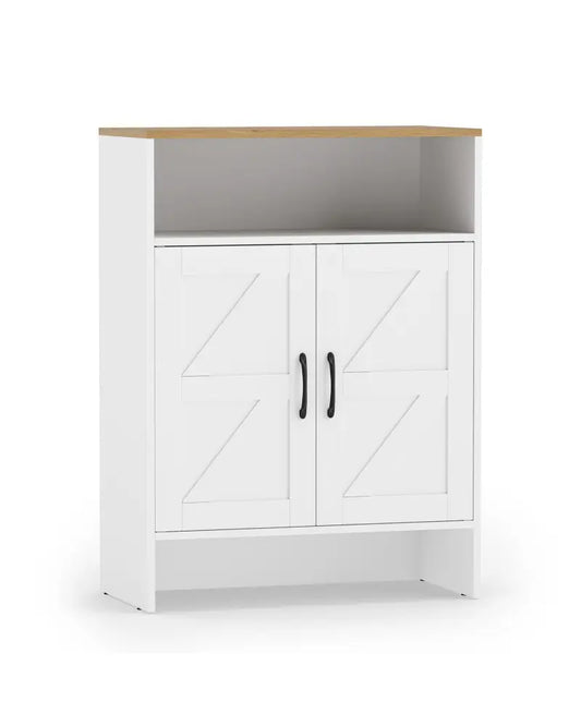 Farmhouse Shoe Cabinet with 2 Barn Doors and Open Shelf for Entryway-White - White - Shoe Racks & Storage Benches