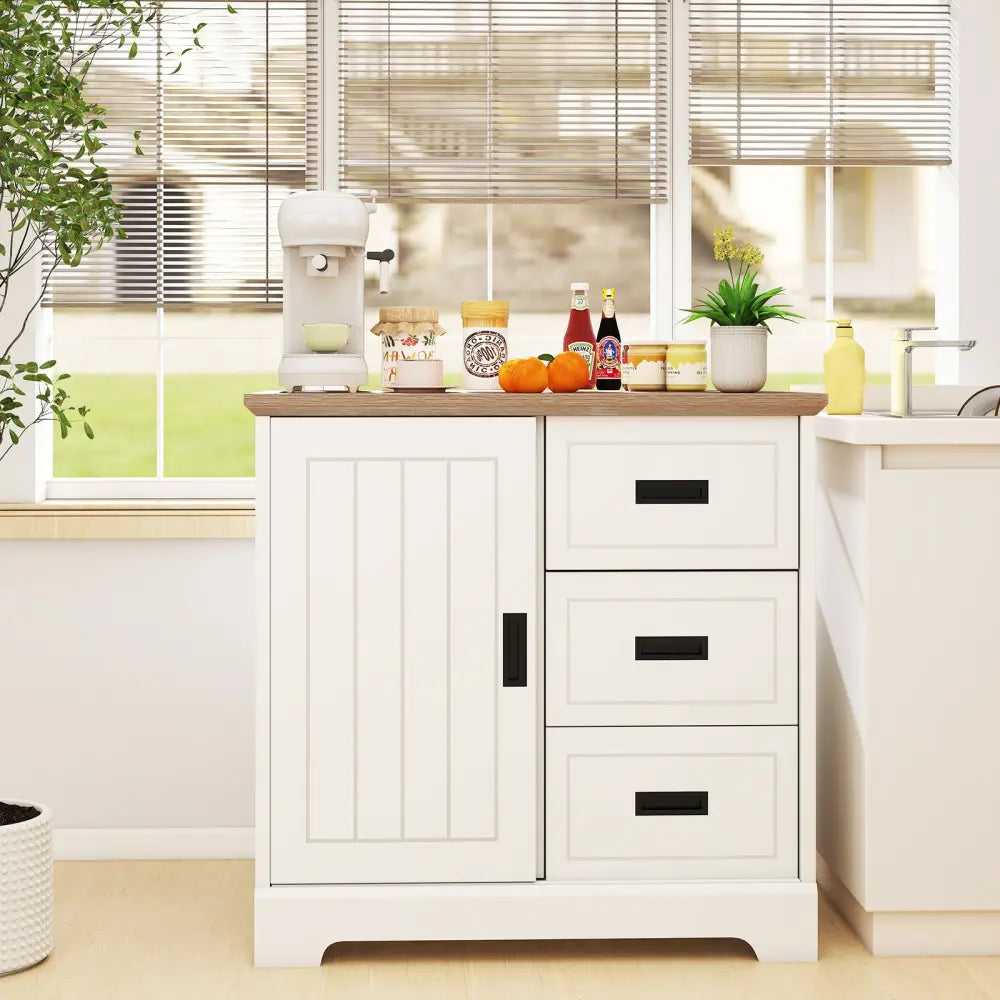 Farmhouse Sideboard Buffet Cabinet Kitchen Pantry with Sliding Doors-White - White - Sideboards Cabinets & Buffets