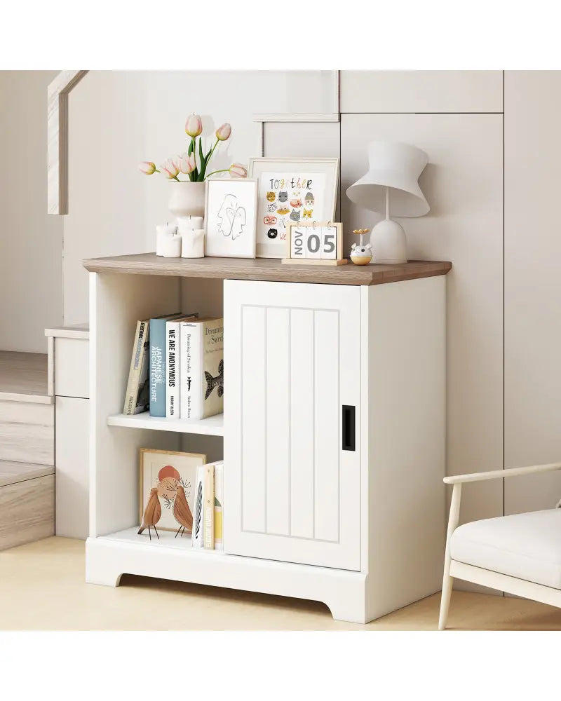 Farmhouse Sideboard Buffet Cabinet Kitchen Pantry with Sliding Doors-White - White - Sideboards Cabinets & Buffets
