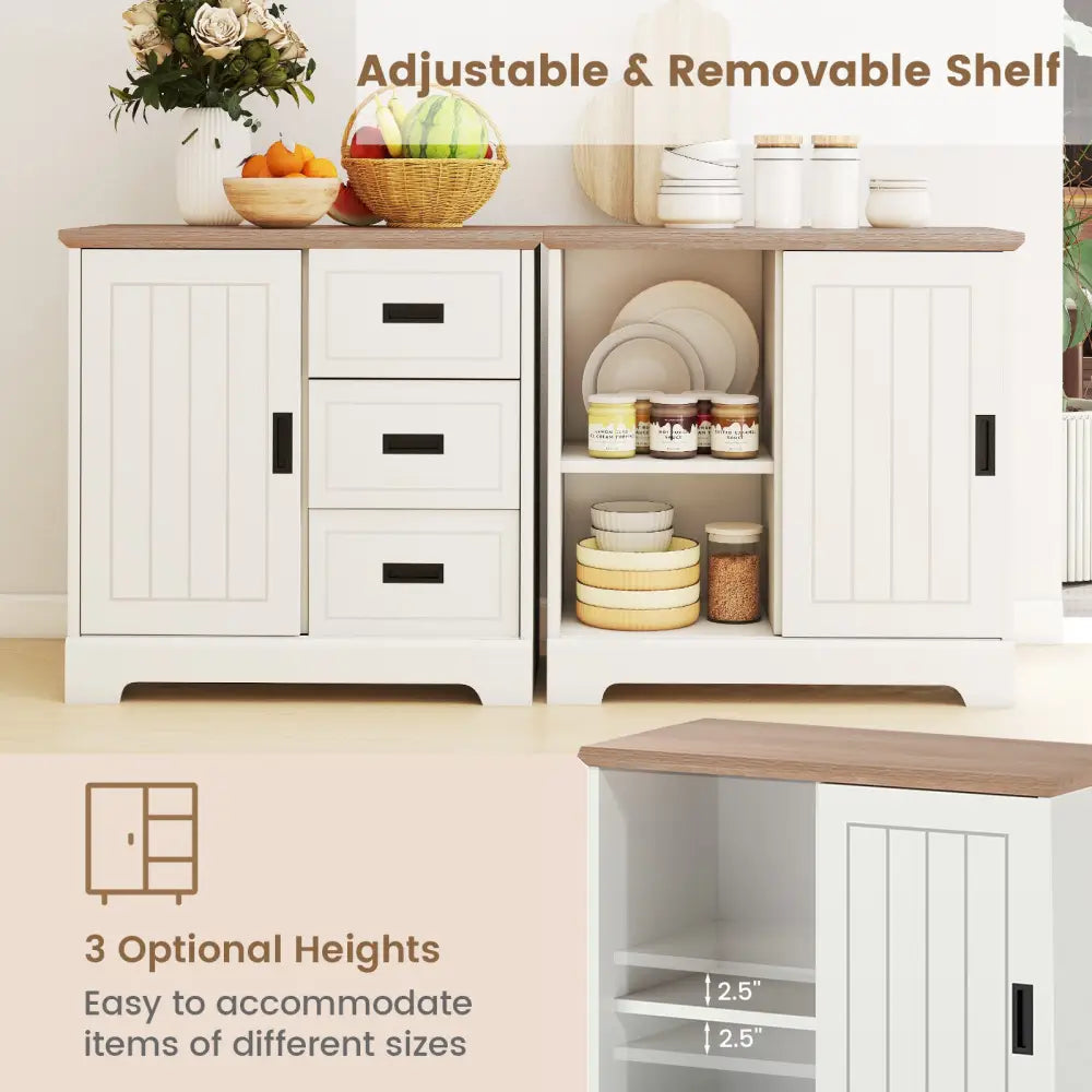 Farmhouse Sideboard Buffet Cabinet Kitchen Pantry with Sliding Doors-White - White - Sideboards Cabinets & Buffets