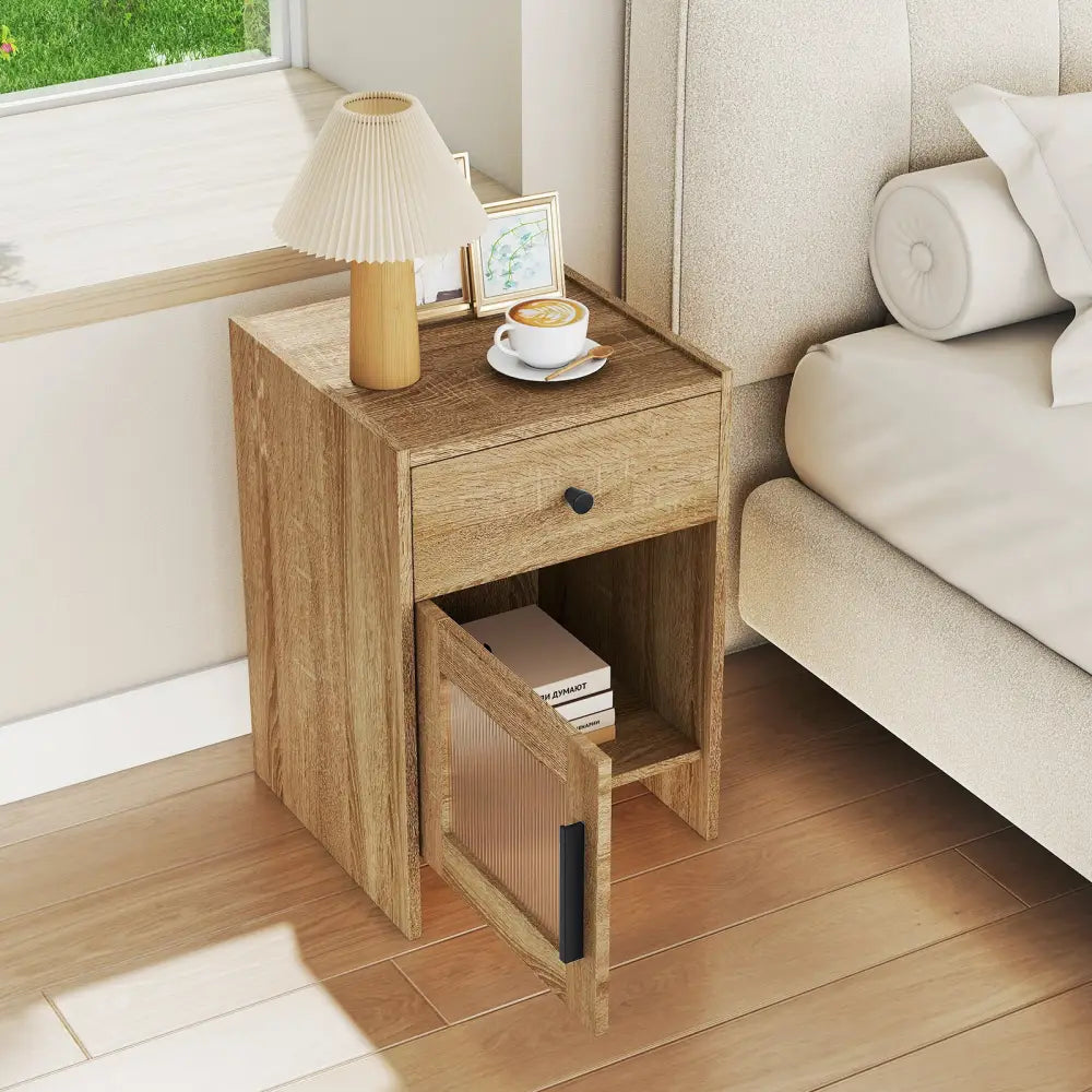 Farmhouse Sofa Side Table with Drawer and Cabinet-Antique Brush White - Natural - End & Side Tables
