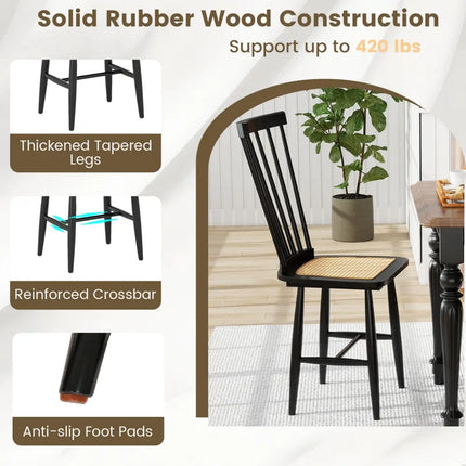 Farmhouse Solid Rubber Wood Dining Chairs Set of 2 with PE Rattan Seats-Black - Black - Dining Chairs
