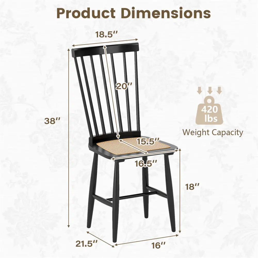 Farmhouse Solid Rubber Wood Dining Chairs Set of 2 with PE Rattan Seats-Black - Black - Dining Chairs
